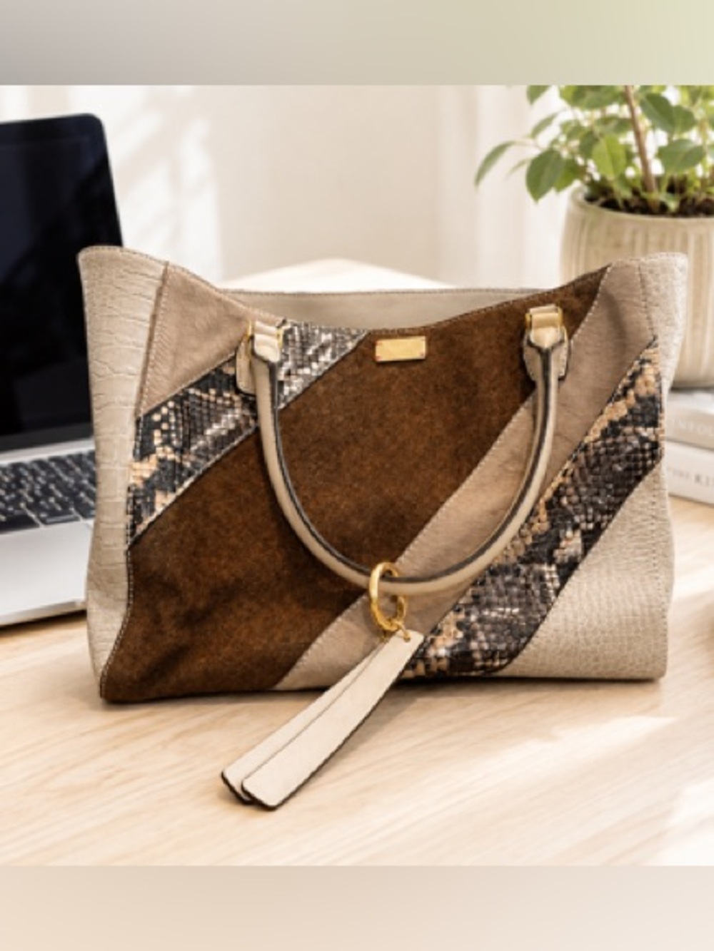 Francis Valentine Patchwork Suede & Snake-Accent Tote in Brown and Cream